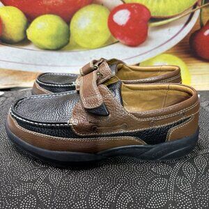Dr COMFORT MIKE Mens Size 10 X W Black & Brown Leather Boat Loafer Slip on Shoes